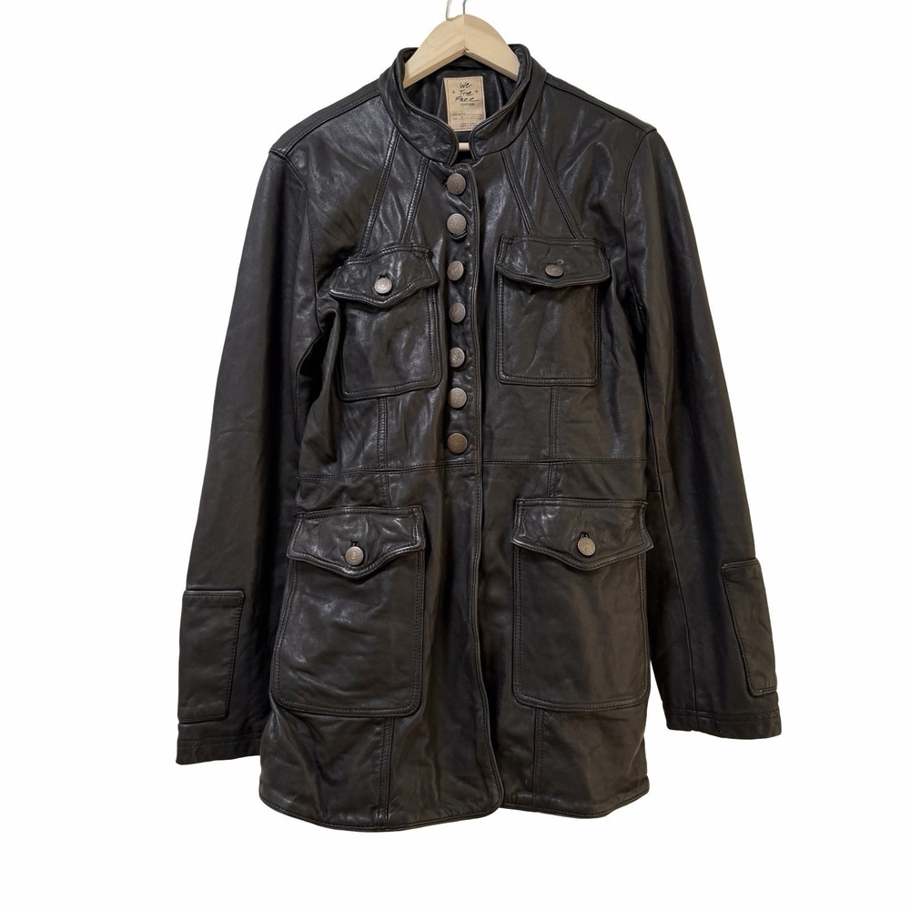 Free People 100% Goat Leather Long Military Jacket Size L Black Biker‎ Steampunk